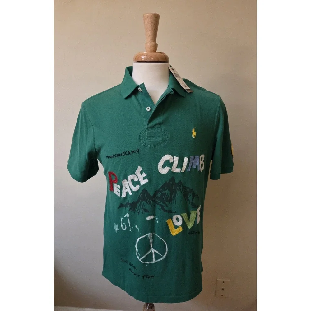 NWT Polo Ralph Lauren Men's M Classic-Fit Peace Climb Love Green Polo Shirt Embr